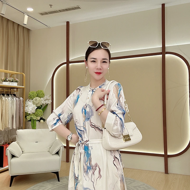 【宸慕】气质重磅桑蚕丝水墨画连衣裙25014