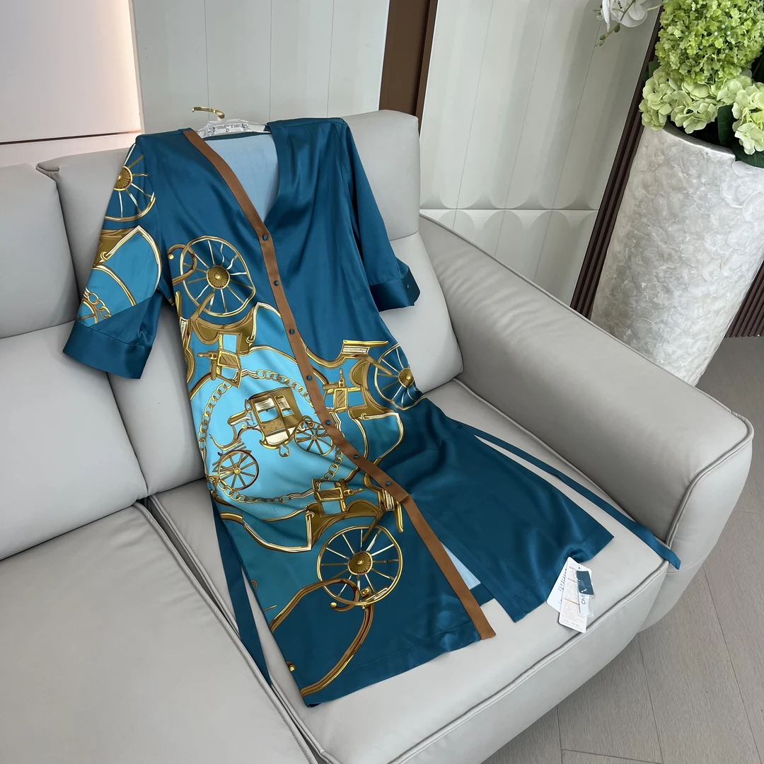 【宸慕】轻奢气质长款时尚高端富贵蓝桑蚕丝连衣裙25019