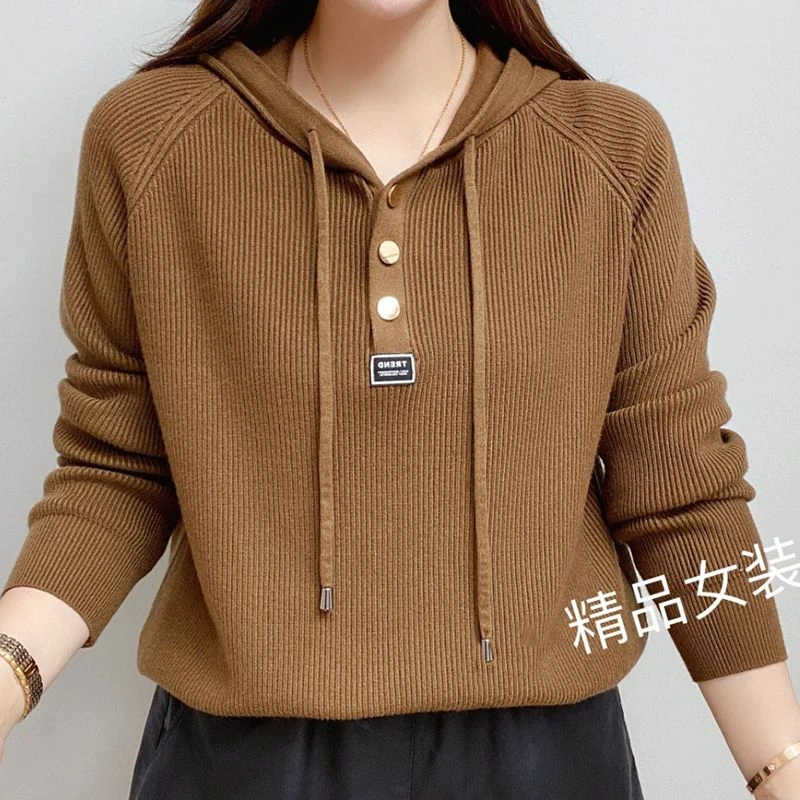 春秋上衣女新款红色连帽针织衫女宽松带帽子卫衣套头戴帽毛衣外套