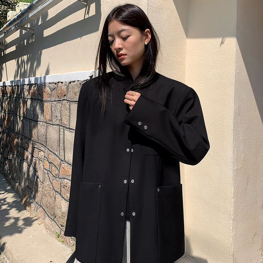 洛边 痞帅风！新中式中山装西装西服外套立领新款春季宽松休闲女