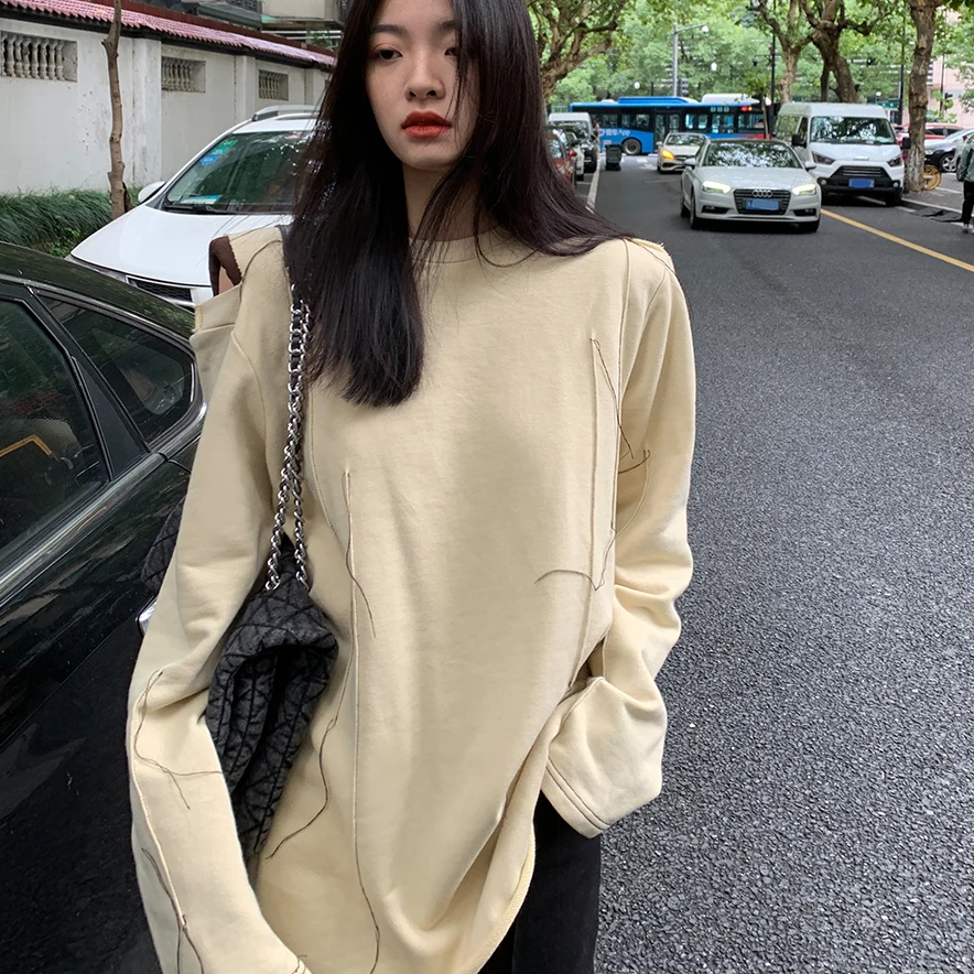 洛边宽松圆领设计感新款春秋百搭流苏卫衣男友风韩版破洞慵懒风
