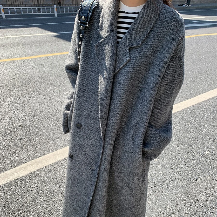 洛边“冬日暖灰”博主风驼羊毛双面呢大衣秋冬新款复古羊毛呢外套