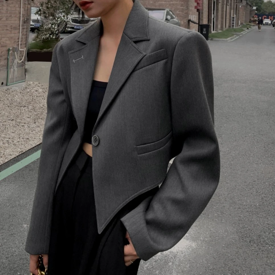 洛边原创设计师款2023春季新品小众纯色上衣不规则西装西服外套