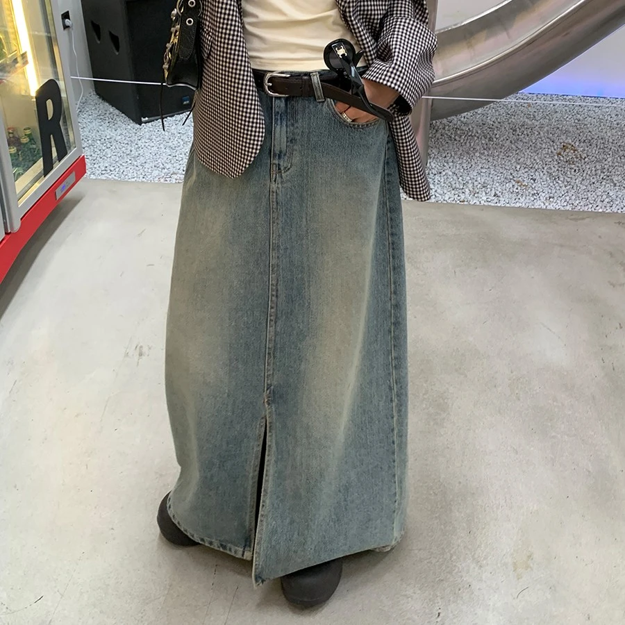 洛边 自成一派~辣妹a字高腰初秋复古洗水开叉牛仔半身中长裙