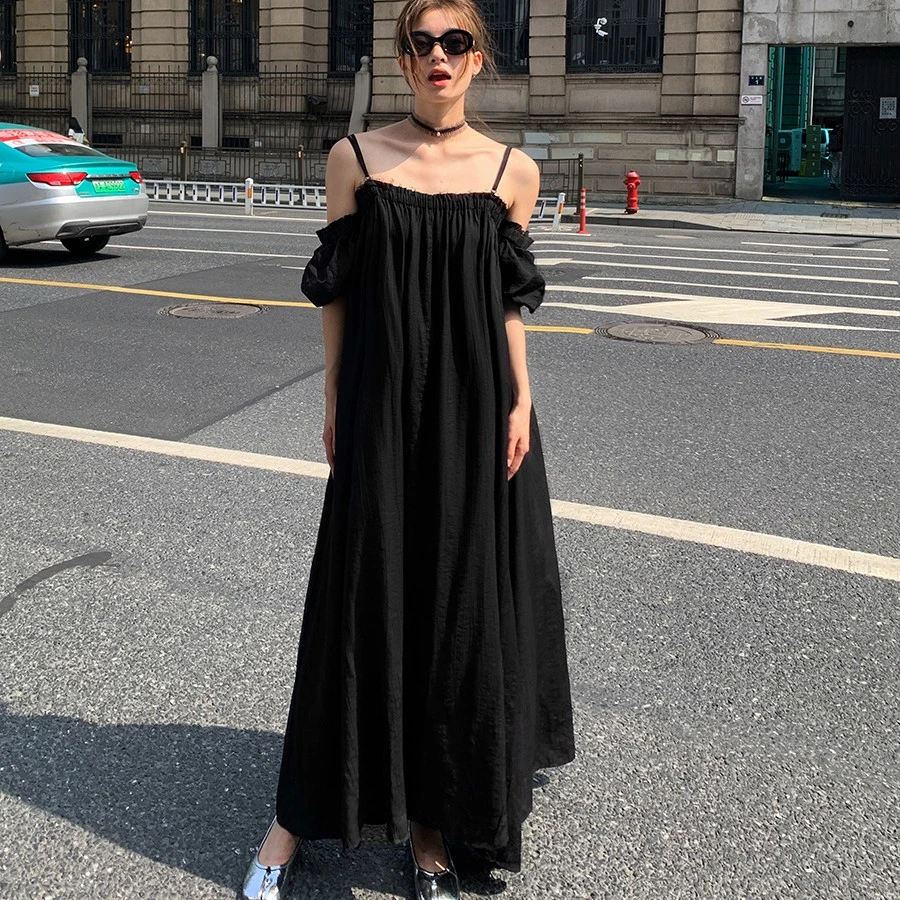 洛边 巨好看!吊带连衣裙宽松过膝长款纯色减龄夏新一字领显瘦女