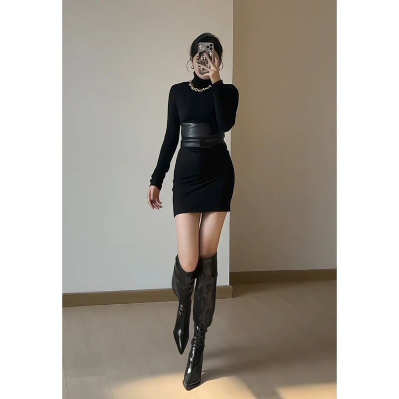 辣妹半高领内搭绑带腰封连衣裙女秋冬磨毛加厚性感收腰包臀短裙