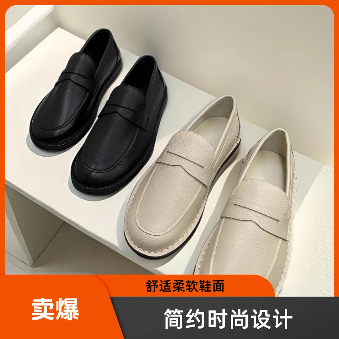 乐福鞋复古牛皮单鞋圆头平跟软底鞋通勤一脚蹬懒人鞋手工女鞋