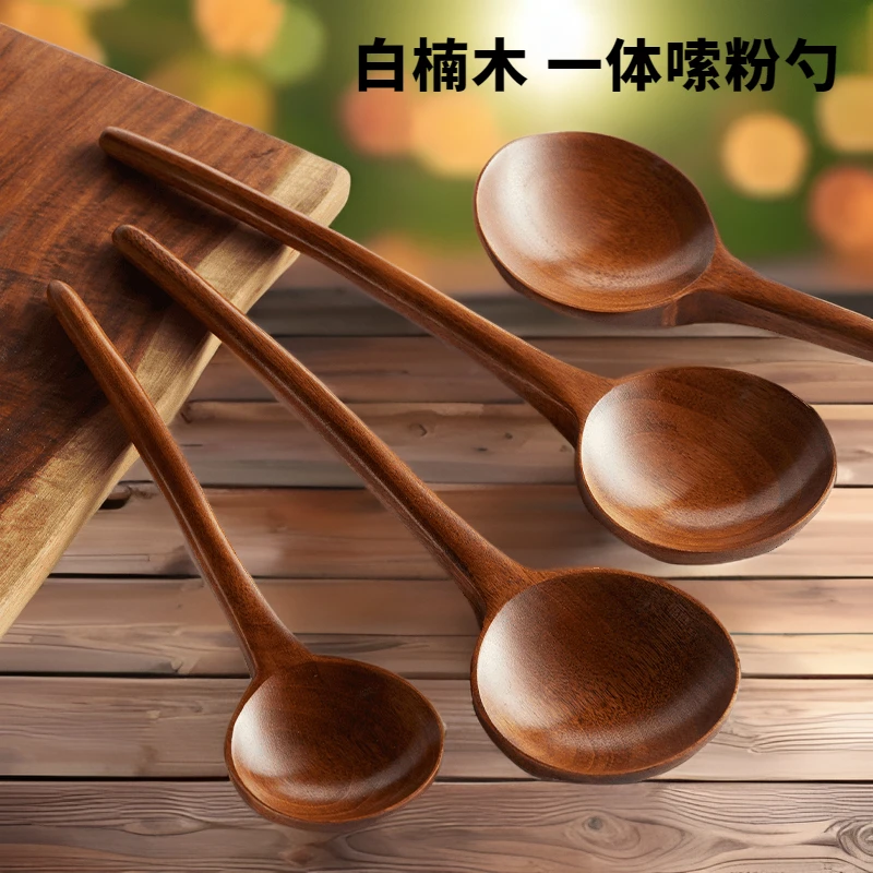 八方新品 日式楠木嗦粉勺大木勺汤勺长柄勺子网红喝汤吃饭勺