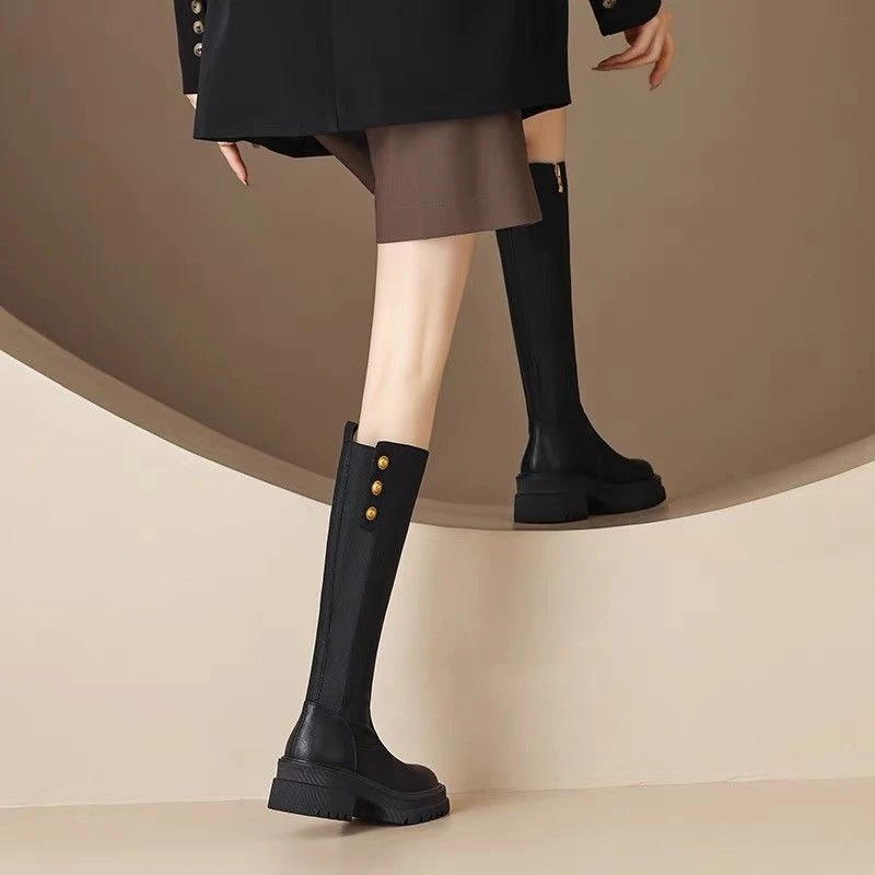 品牌断码小个子2023新款法式复古厚底显腿细修腿型长筒女靴瘦瘦靴