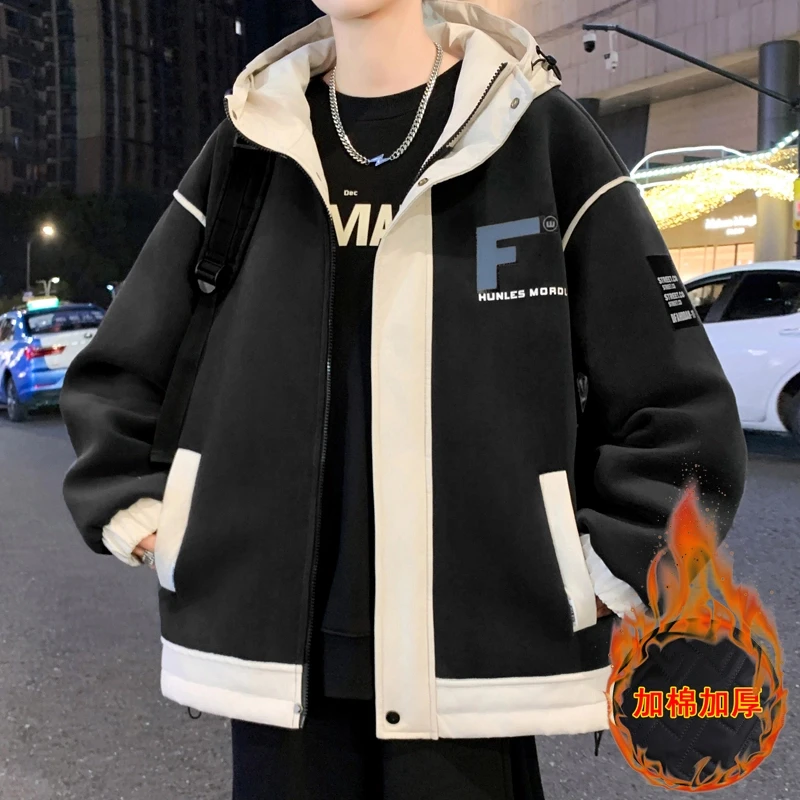 冬季男生加厚连帽外套奥粒绒休闲棉衣青少年学生厚款潮牌上衣服