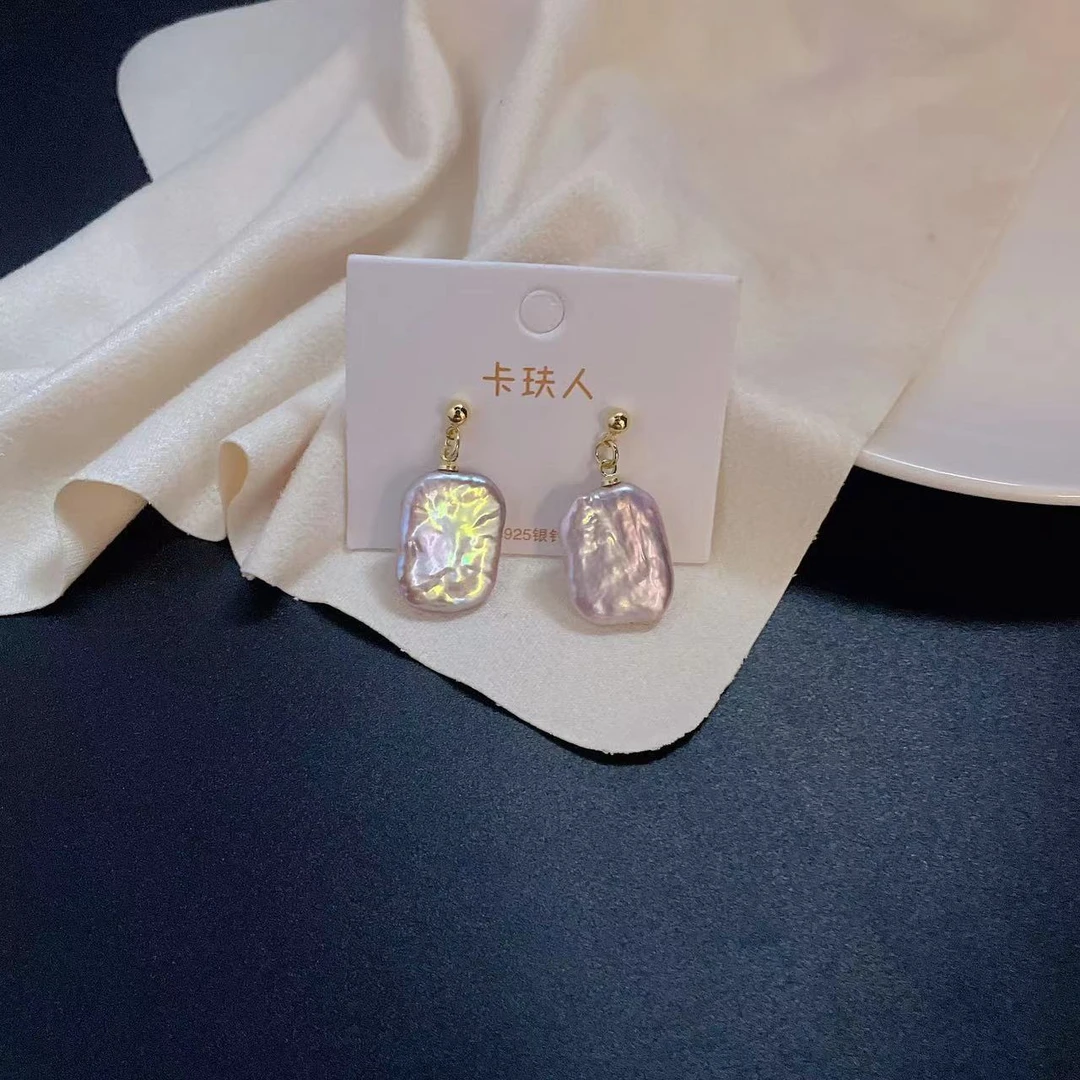 天然淡水珍珠A536#简约风在吹巴洛克紫方块百搭耳钉14-15M(通孔)