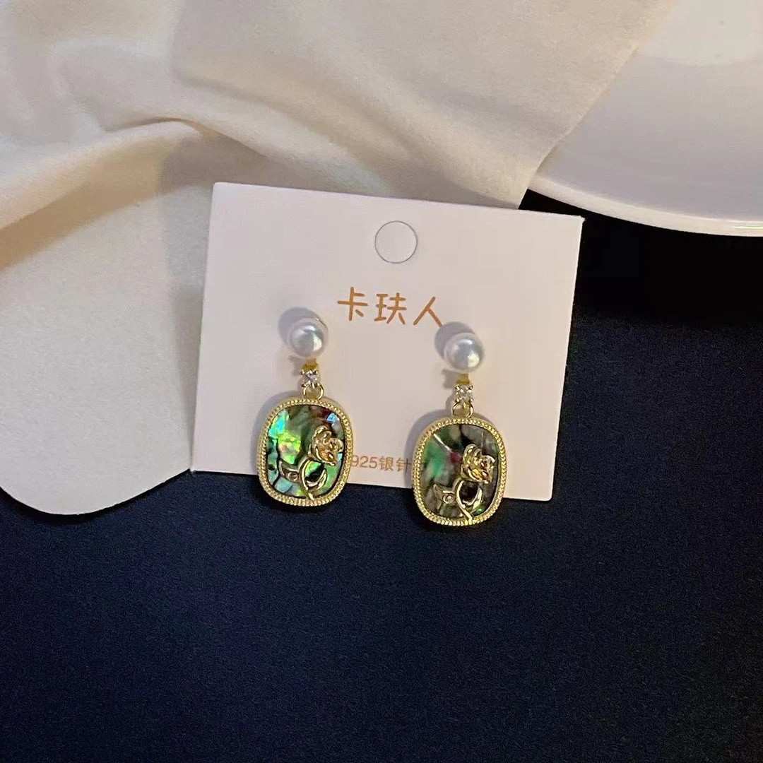 天然淡水珍珠A266#方块鲍鱼贝梅花双珠法式珍珠耳钉