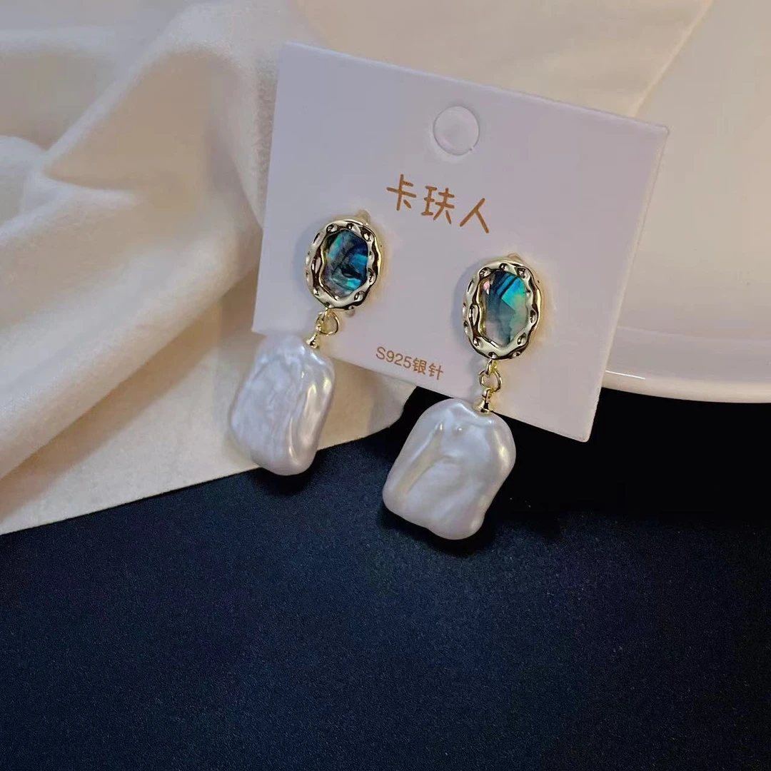 天然淡水珍珠A594#鲍鱼贝巴洛克白方巴珍珠耳钉