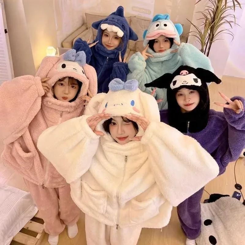 【2024新款】丑鱼睡袍女秋冬加厚加绒珊瑚绒长款睡衣女家居服套装