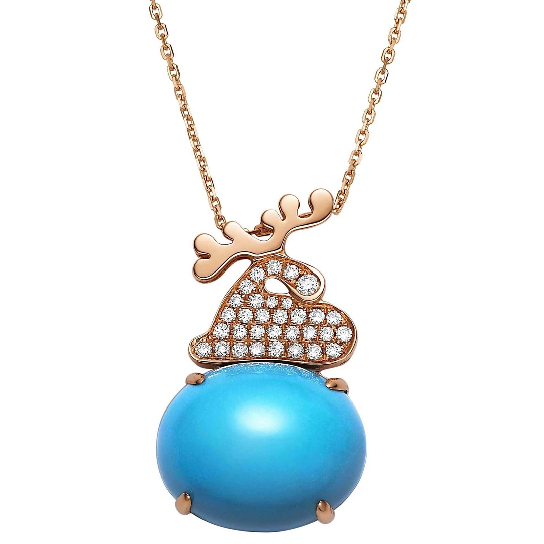 LUV 18K金原创绿松石鹿角钻石项链