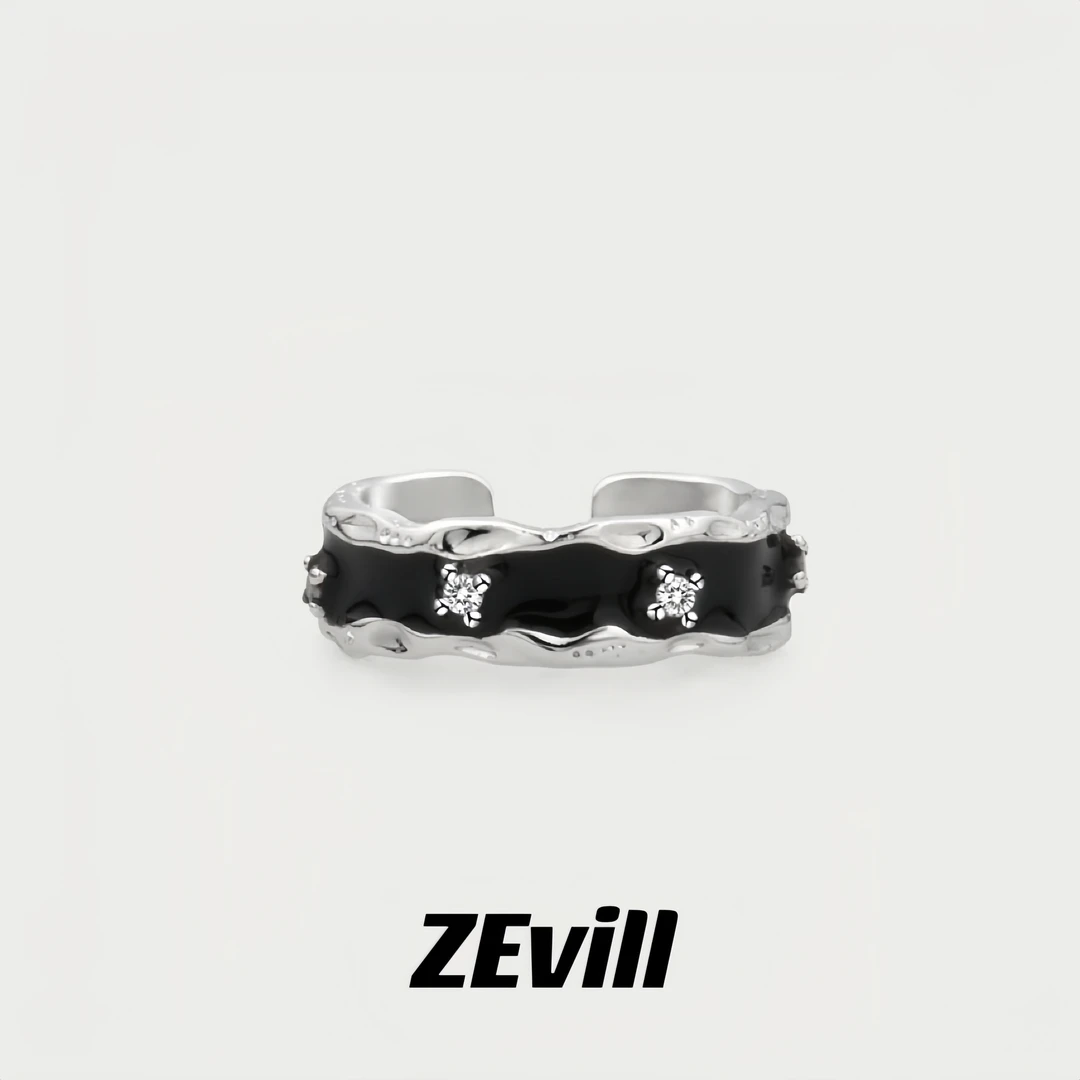 铜合金合成锆石戒指 ZEvill “黑泽明”珐琅锆石调节戒指 黑色小众