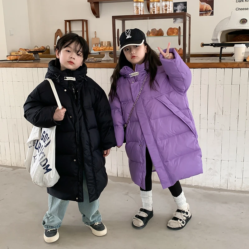 儿童中长款羽绒服中大童加厚秋冬男女童连帽外套宽松过膝长款外套