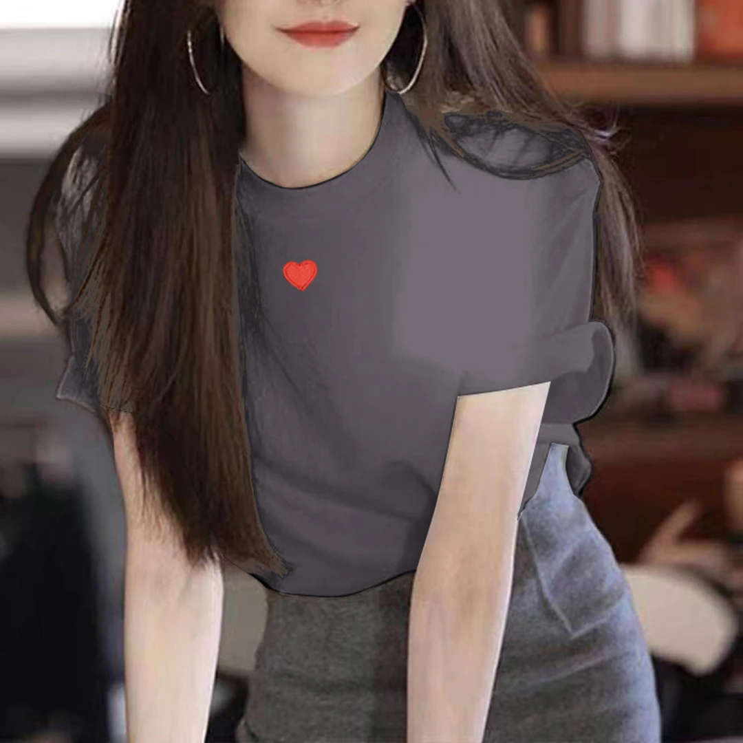 【爆款】爱心绣花短袖t恤设计感小众洋气宽松圆领上衣女（5450）