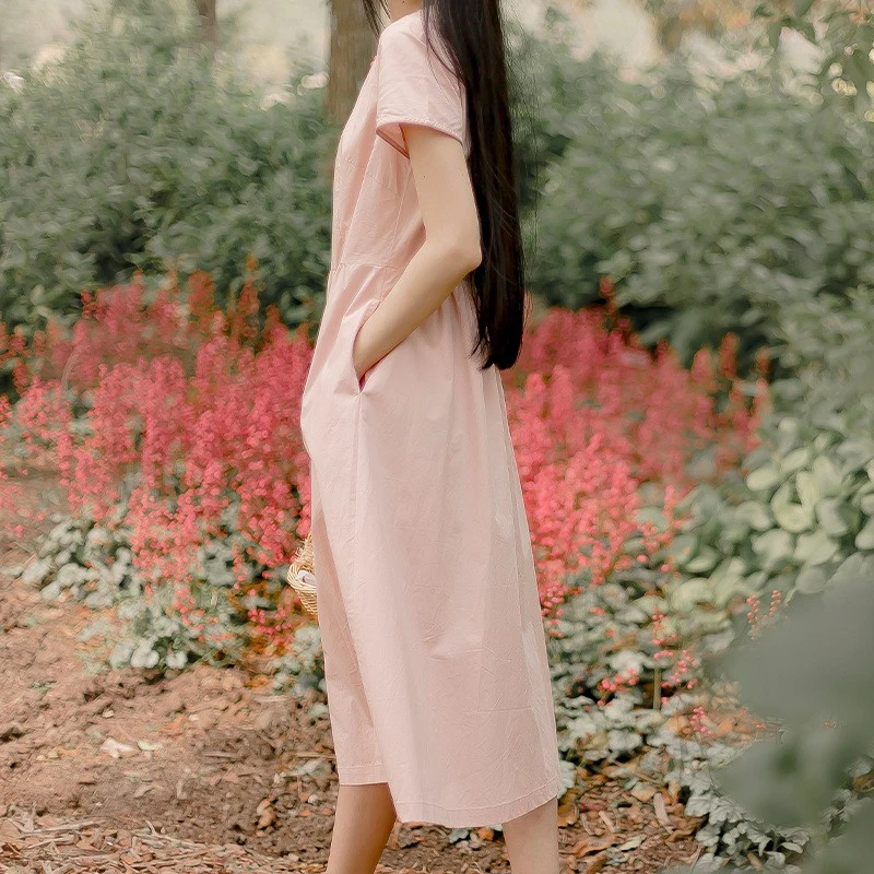 13170夏季新款原创文艺改良矮立领宽松复古国风轻中式纯色连衣裙