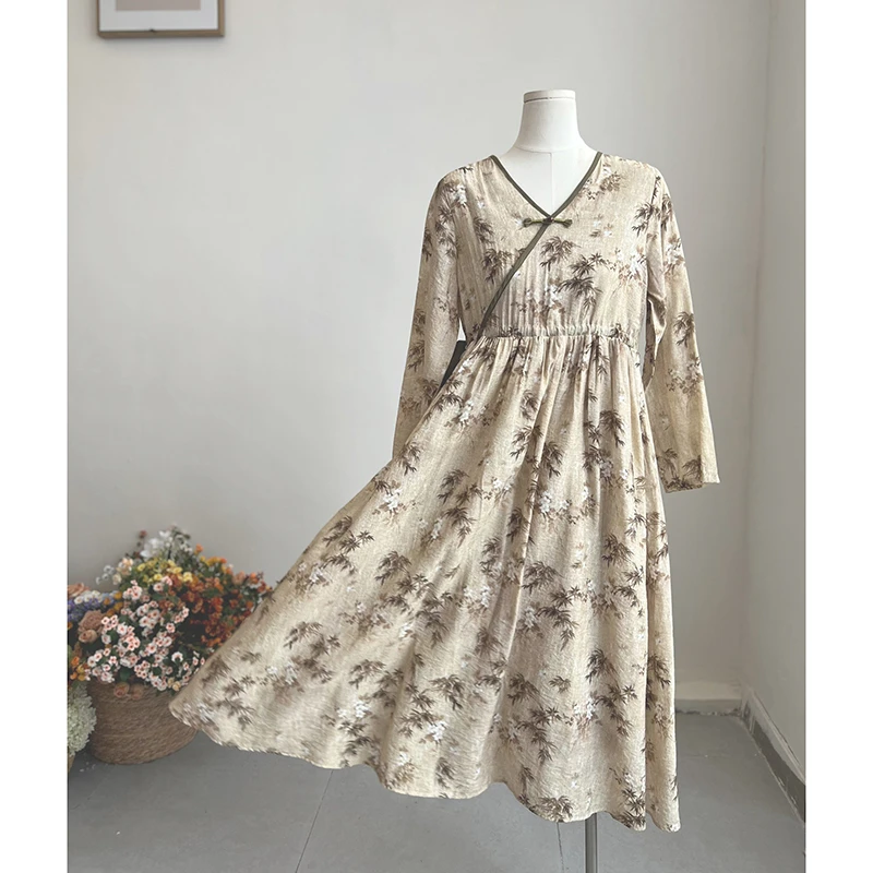2945《芜柳》原创新中式复古改良V领温柔抽绳印花连衣裙
