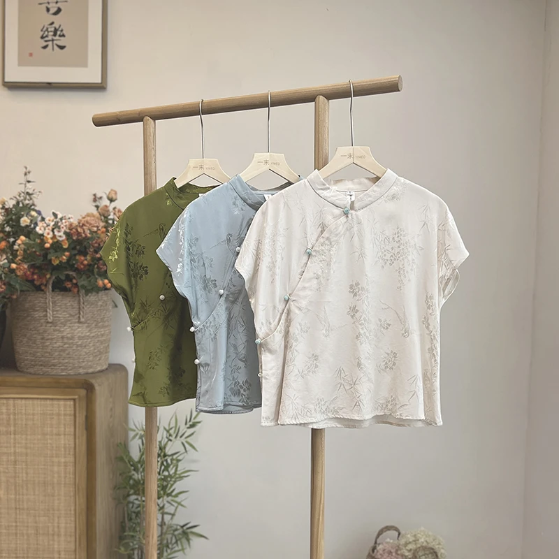 3625《述雪诗》原创夏季新中式复古提花衬衫气质斜襟国风上衣