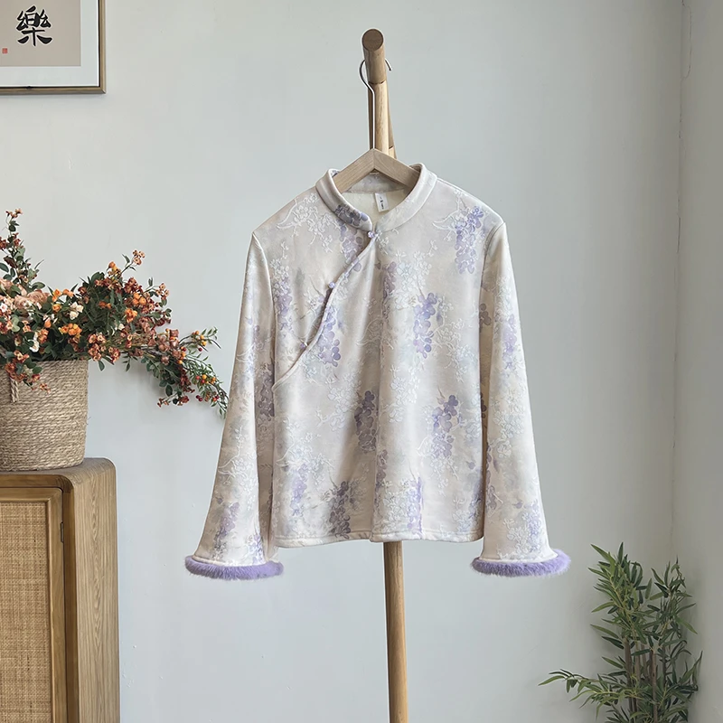 4054《白露未晞》原创秋冬立领国风印花衬衫气质修身加厚上衣