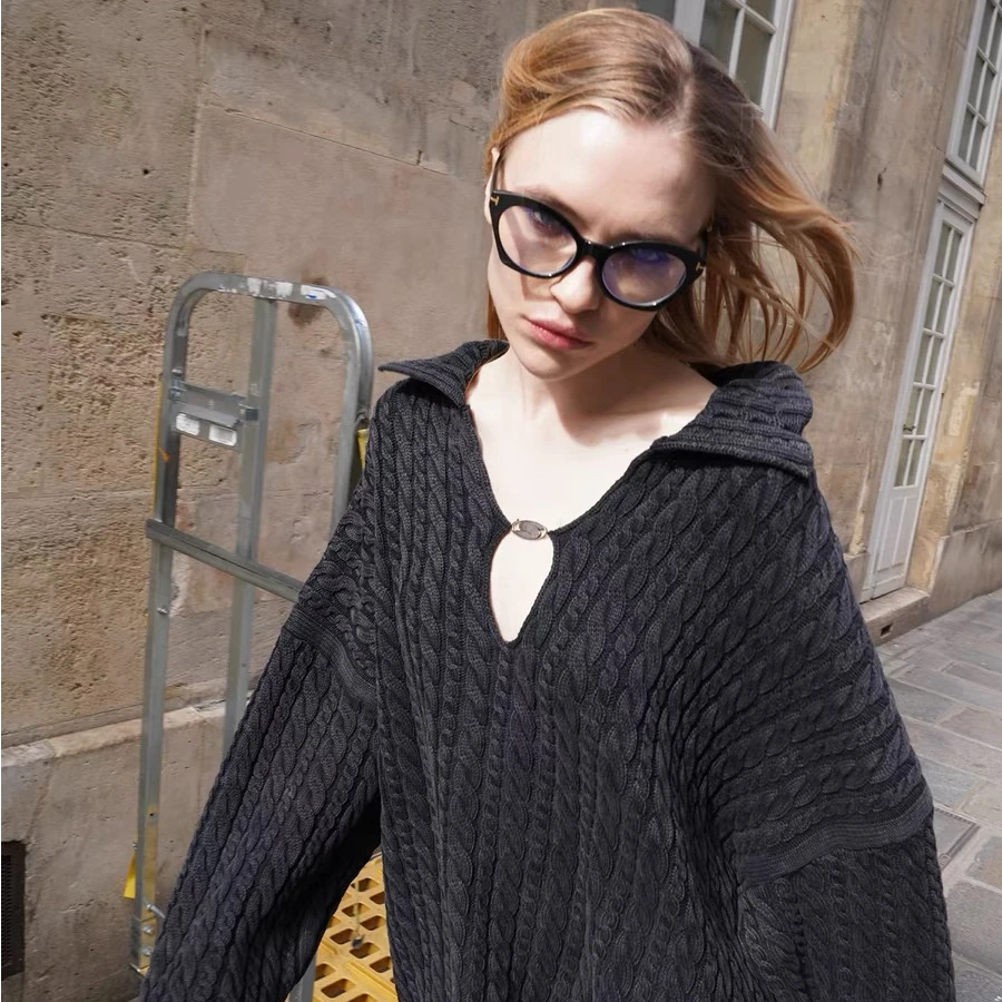 SOURPLUM【现货】黑色洗水做旧绞花毛衣 男女同款麻花宽松廓形