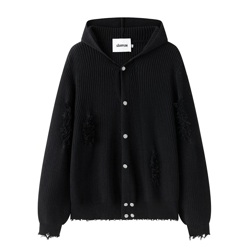 SOURPLUM 黑色针织衫连帽针织破洞开衫 新款秋冬外套时尚破洞