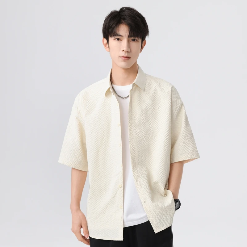 夏季新品泡泡纱男纯色短袖休闲衬衣薄款简约时尚百搭潮流短袖衬衫