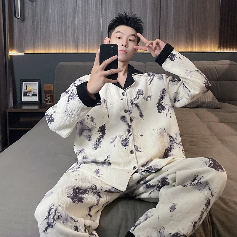 300斤高级感秋冬空气棉夹层男士款大码加肥长袖开衫睡衣宽松家居