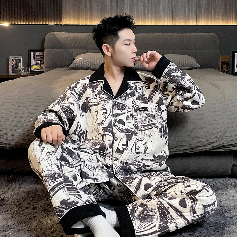 300斤秋冬空气棉夹层男士款大码睡衣宽松家居服男生直播第一名