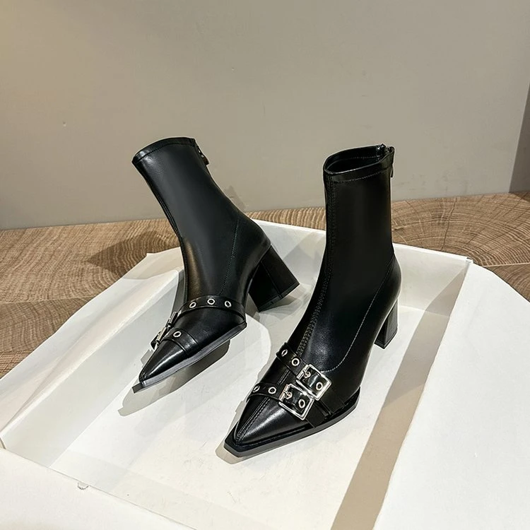 法式尖头气质英伦风粗跟弹力瘦瘦靴短靴女2024年秋冬季高跟马丁靴