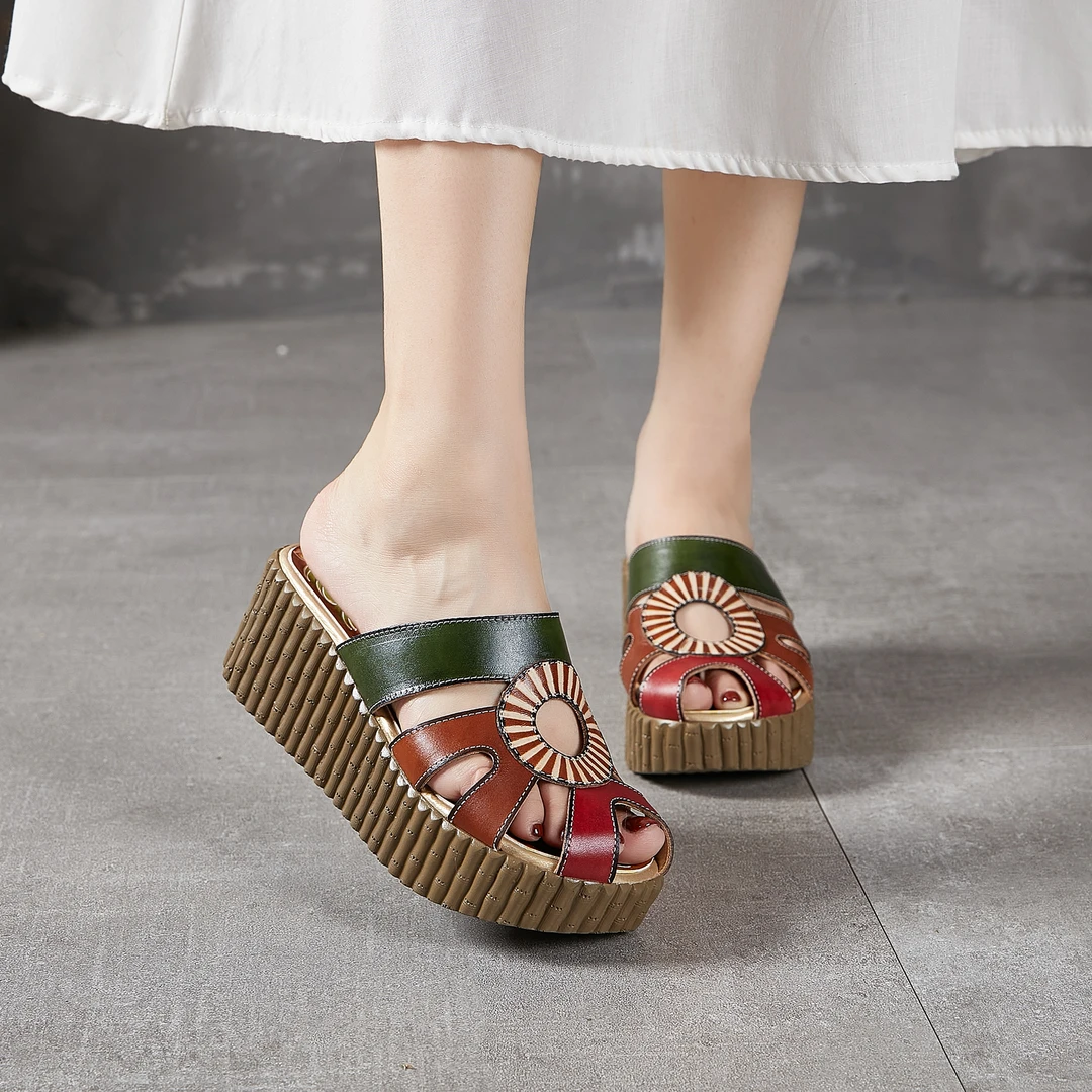 厚底牛皮民族风女士家居拖鞋休闲松糕鞋妈妈鞋百搭958-15