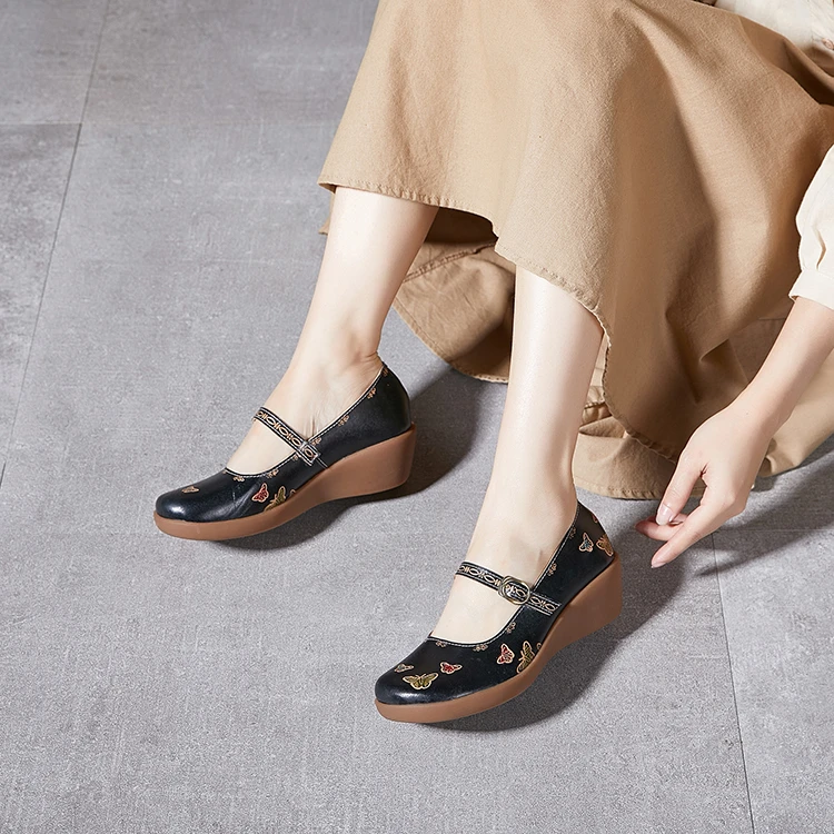 妈妈鞋松糕圆头休闲复古民族风女皮鞋舒适百搭厚底真皮软底8028-6