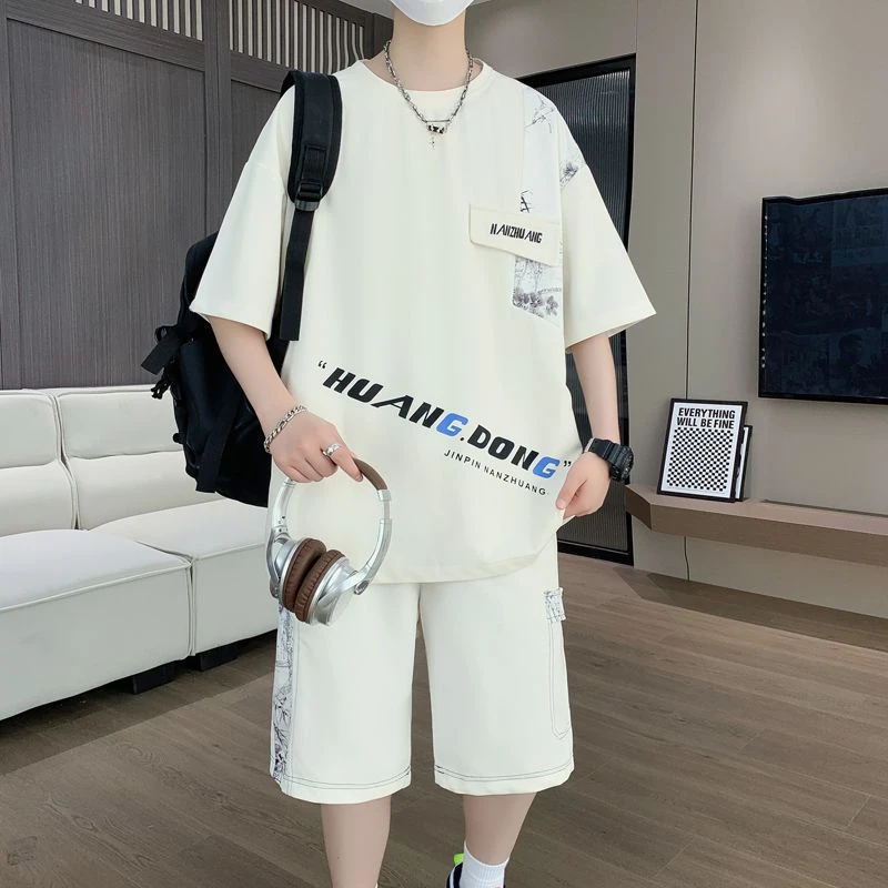 夏季新款国风两件套港风拼接圆领短袖短裤套装潮流帅气青少年爆款