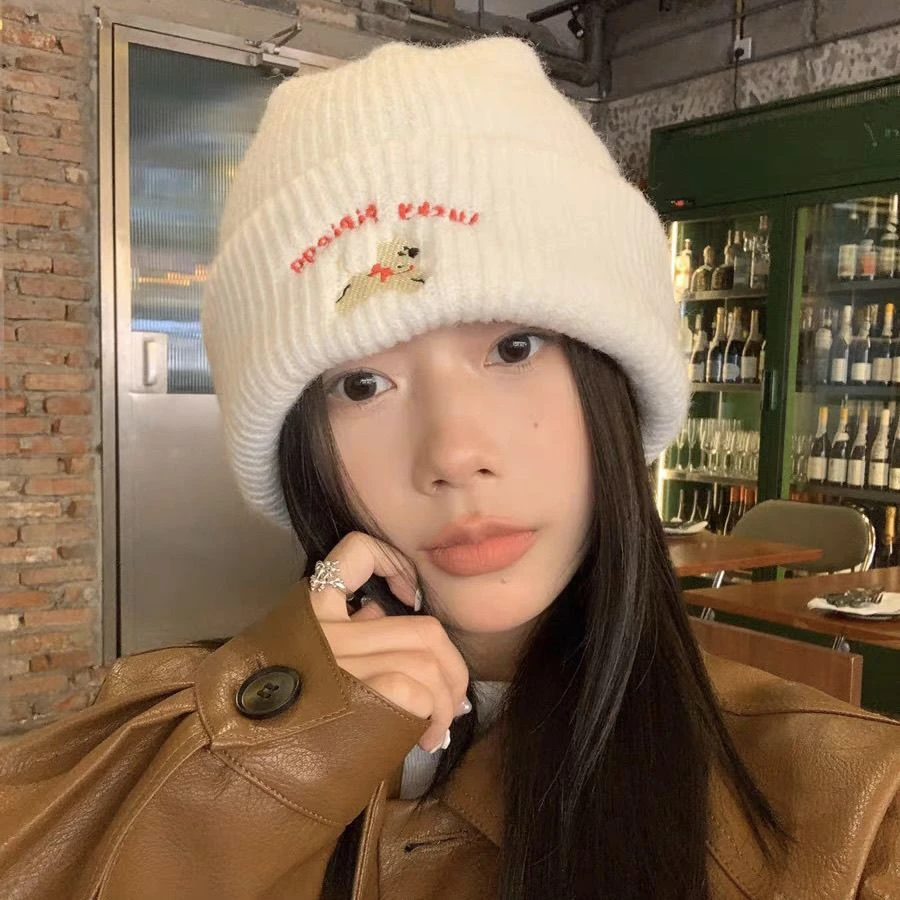 可爱小狗刺绣针织秋冬保暖加厚显脸新款秋冬季护耳毛线帽百搭帽子