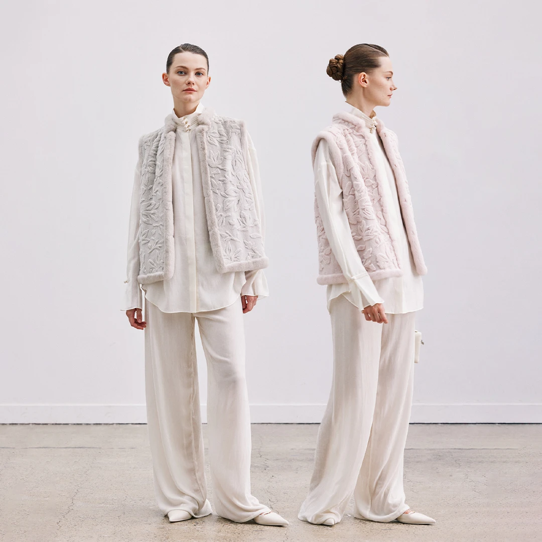 QIQIFUR QiQi皮草 新中式国风貂绒皮草马甲立领镶花工艺水貂马甲