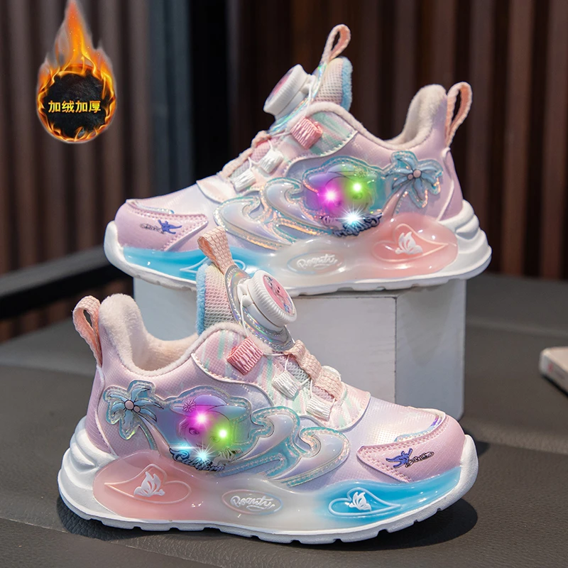 带灯爱莎女童鞋2024秋冬新款运动鞋女孩防水皮面加绒保暖跑步鞋子