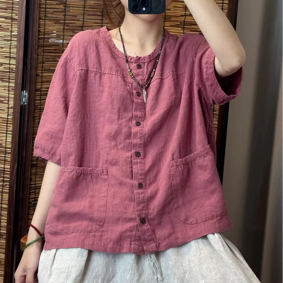 复古雨露亚麻衬衫砂洗炒色女休闲单排扣中袖开衫夏季外套