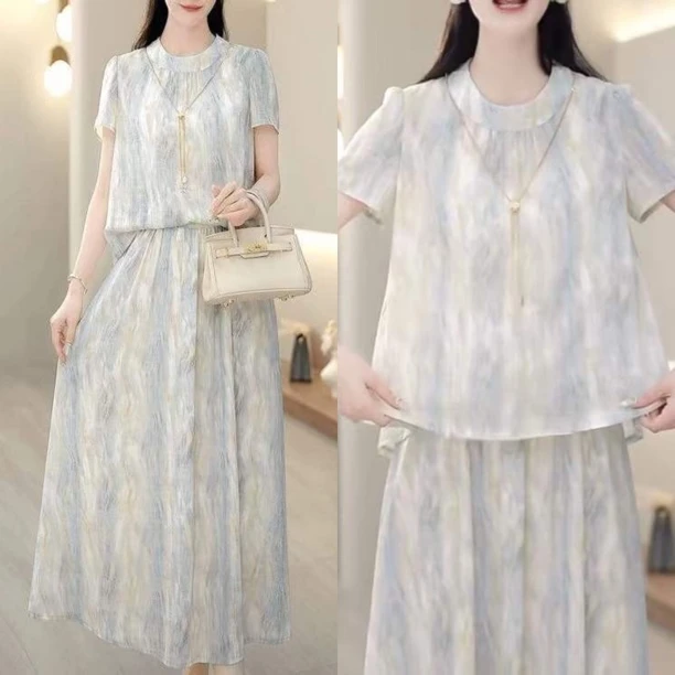 2025夏季气质洋气套装时尚减龄文艺圆领复古百搭遮肚妈妈装宽松薄
