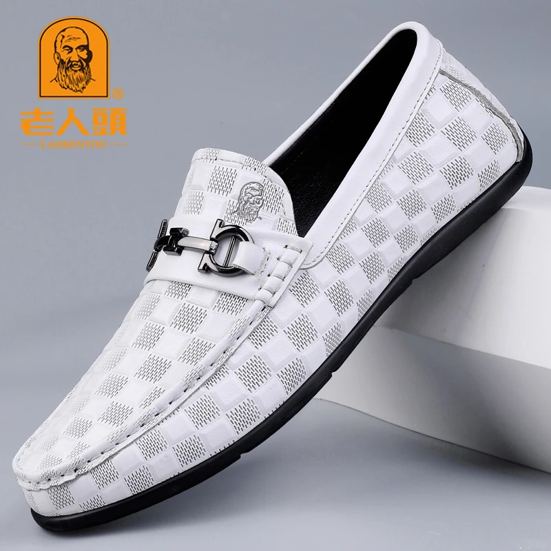 老人头男鞋2025秋季男士商务休闲皮鞋真皮白色透气软底豆豆鞋潮