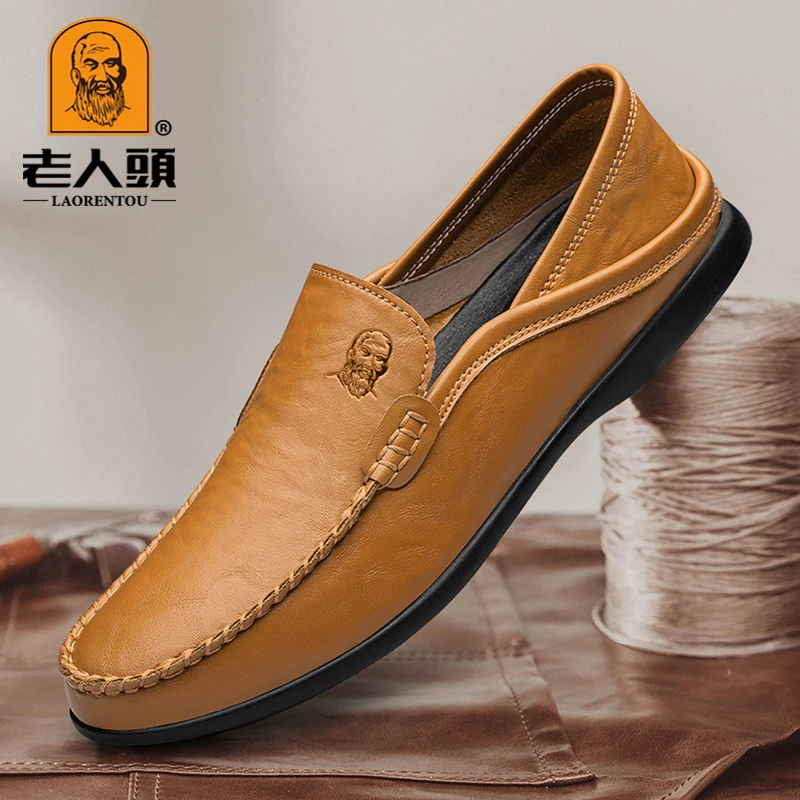 老人头男鞋春季男士休闲皮鞋真皮软底软面透气百搭一脚蹬豆豆鞋