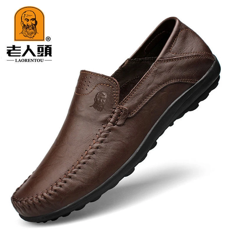老人头爸爸鞋百搭秋季2025新款男士休闲皮鞋软皮软底一脚蹬豆豆鞋
