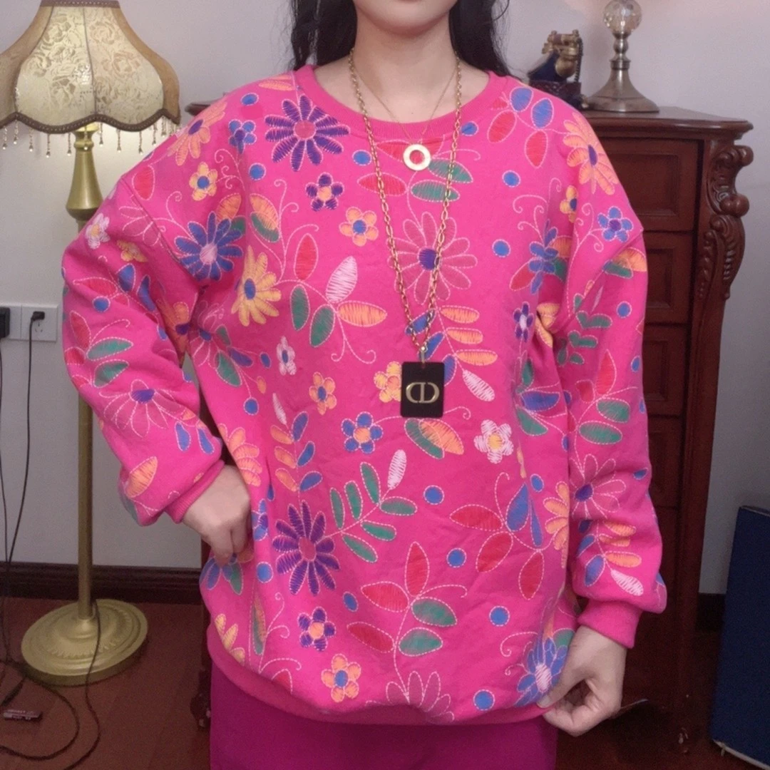 冬季加绒满印卫衣时尚宽松女士上衣大码洋气慵懒风印花圆领卫衣