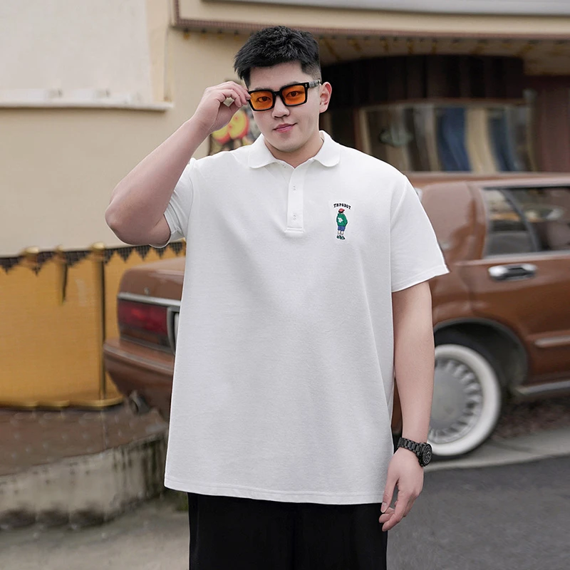 潮牌大码男装夏季胖子宽松加肥加大休闲半袖男卡通绣花polo衫短袖