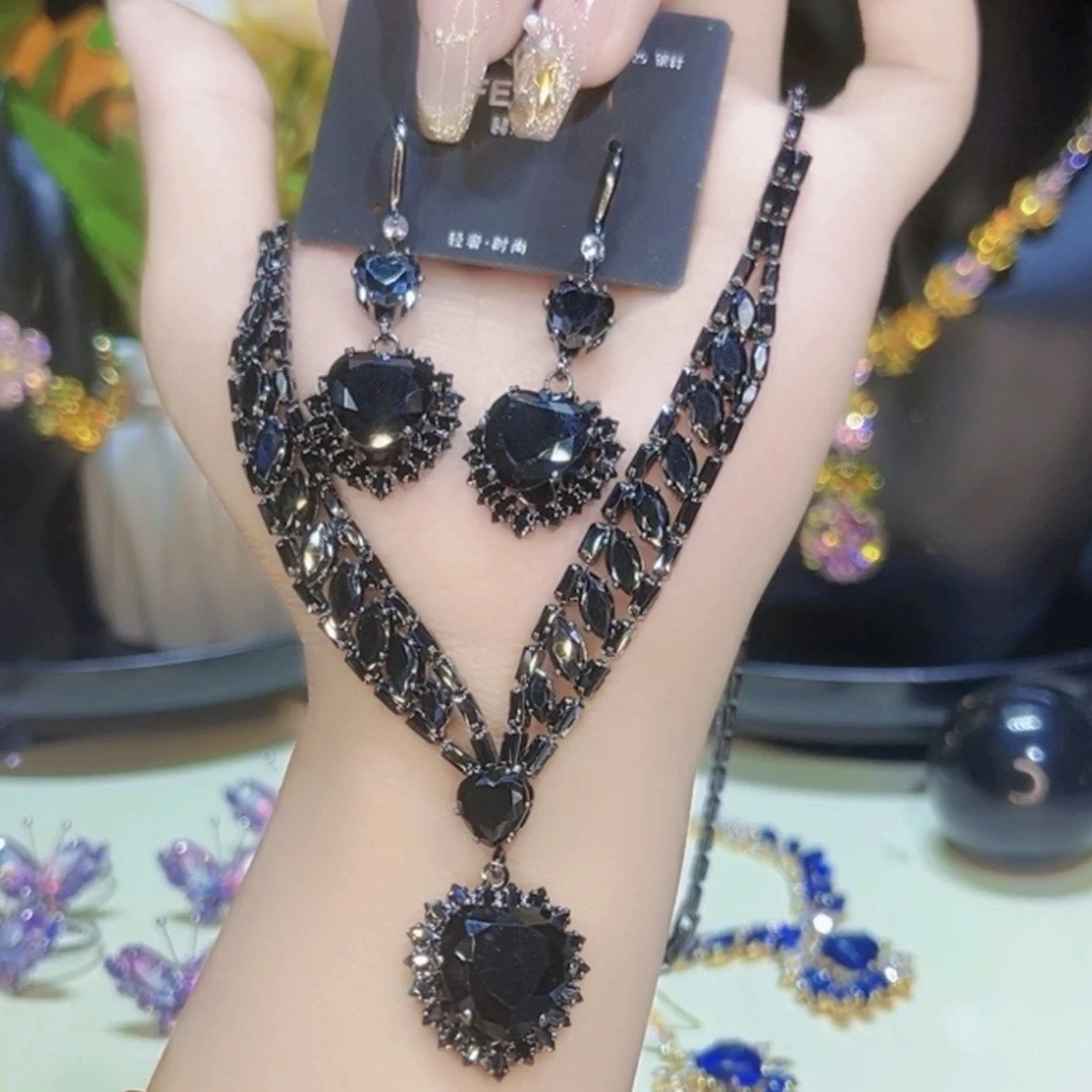 铜合金合成锆石项链 XGA13黑色施华洛925银针耳环电镀18K项链