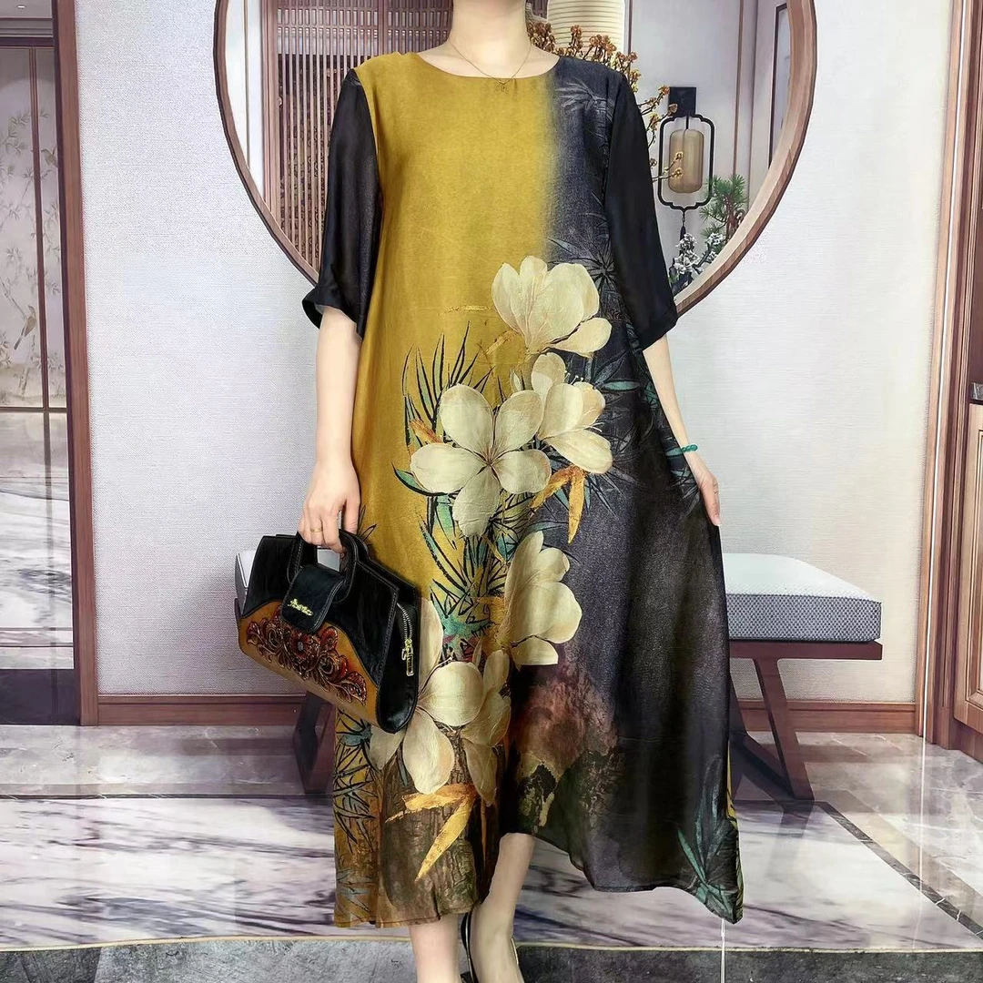 Q06009新款玉兰花过渡色连衣裙