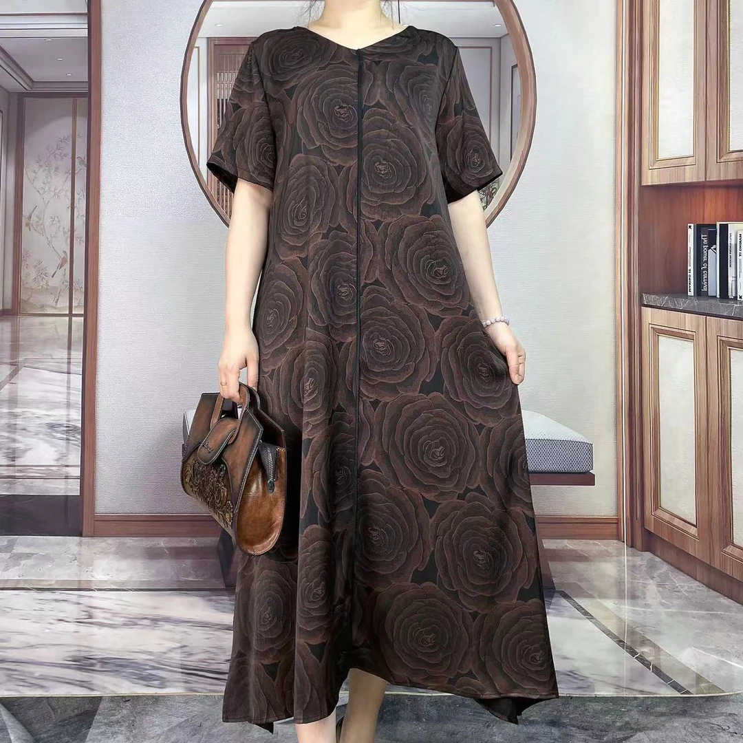 Q20071高档贵气玫瑰印花连衣裙