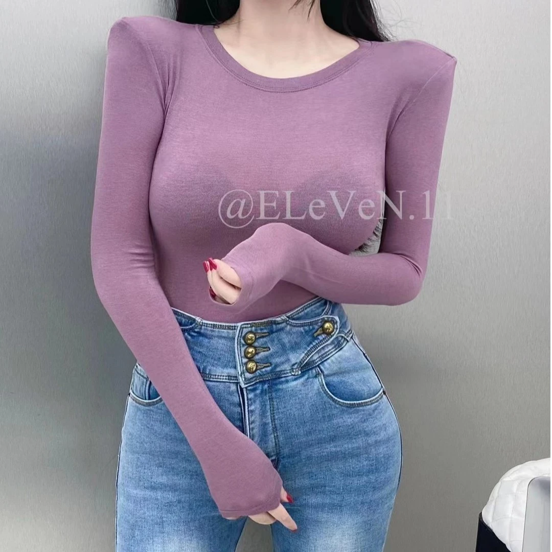 Eeleven-1799性感透视圆领长袖t恤女修身内搭纯色天丝打底衫秋季