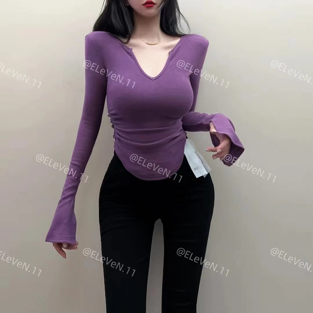 11681-纯欲风性感磨毛V领长袖T恤女不规则紧身褶皱收腰打底衫上衣